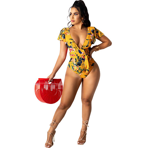 Hot Sale Fashion Women's Flower Print Deep V-neck Short Sleeve Lace-up Beachwear One Piece Swimsuit WY-6773