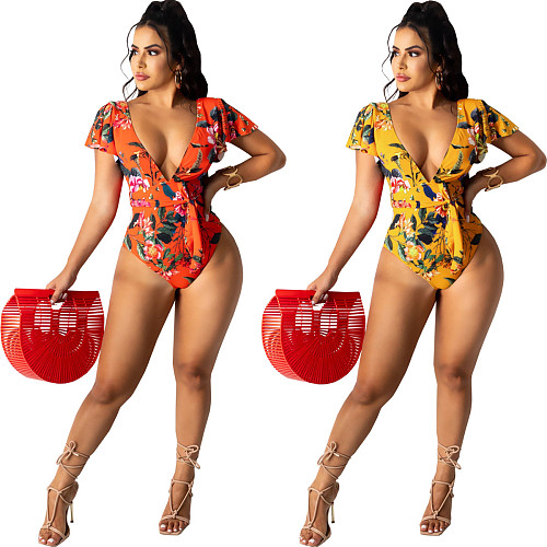 Hot Sale Fashion Women's Flower Print Deep V-neck Short Sleeve Lace-up Beachwear One Piece Swimsuit WY-6773