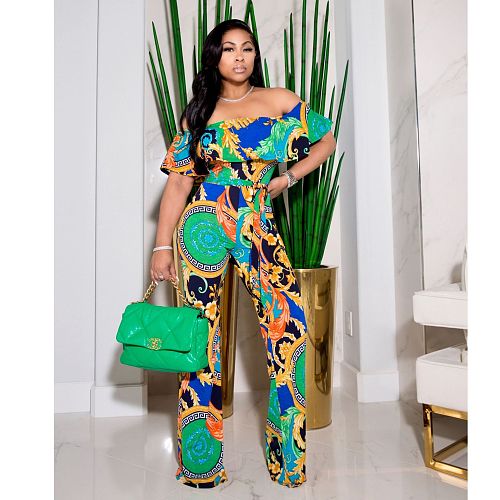 Summer Casual Print Off Shoulder Short Sleeve High Waist Wide Leg Loose Women Jumpsuit NK-8605