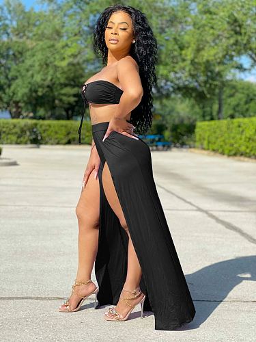 Solid Color Women Sexy Backless Slim Fit Bandage Wrap Chest Crop Top Loose High Split Pants Two Piece Outfits LP-6292