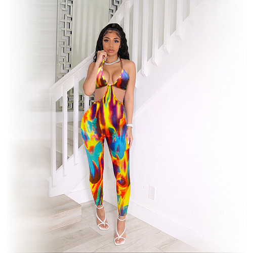 Hot Sales Women Summer Sexy Tie Dye Hollow Out Sleeveless Halter Bodycon Streetwear Jumpsuit QZX-6209