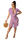 Summer Sexy Solid Color Weaving Perspective Hollow Out Tassel Short Sleeve Beach Mini Dress OSM-4330