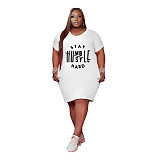 Plus Size Summer Women Letter Print Short Sleeve V-Neck High Waist Knee Length Dresses XING-059