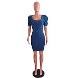 2021 Summer Casual Square Collar Women Elegant Short Puff Sleeve Bodycon Denim Mini Dress LX-6899