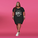 Plus Size Summer Women Letter Print Short Sleeve V-Neck High Waist Knee Length Dresses XING-059