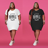 Plus Size Summer Women Letter Print Short Sleeve V-Neck High Waist Knee Length Dresses XING-059