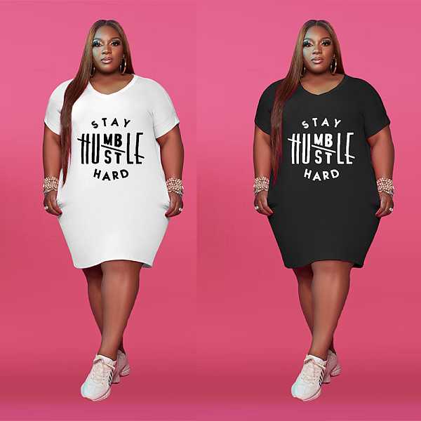 Plus Size Summer Women Letter Print Short Sleeve V-Neck High Waist Knee Length Dresses XING-059