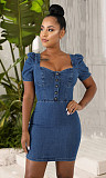 2021 Summer Casual Square Collar Women Elegant Short Puff Sleeve Bodycon Denim Mini Dress LX-6899