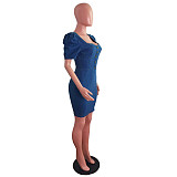 2021 Summer Casual Square Collar Women Elegant Short Puff Sleeve Bodycon Denim Mini Dress LX-6899