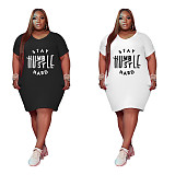 Plus Size Summer Women Letter Print Short Sleeve V-Neck High Waist Knee Length Dresses XING-059
