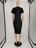 Plus Size Summer Women Letter Print Short Sleeve V-Neck High Waist Knee Length Dresses XING-059