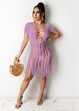 Summer Sexy Solid Color Weaving Perspective Hollow Out Tassel Short Sleeve Beach Mini Dress OSM-4330