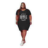 Plus Size Summer Women Letter Print Short Sleeve V-Neck High Waist Knee Length Dresses XING-059