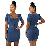 2021 Summer Casual Square Collar Women Elegant Short Puff Sleeve Bodycon Denim Mini Dress LX-6899
