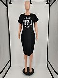 Plus Size Summer Women Letter Print Short Sleeve V-Neck High Waist Knee Length Dresses XING-059