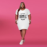 Plus Size Summer Women Letter Print Short Sleeve V-Neck High Waist Knee Length Dresses XING-059