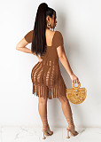 Summer Sexy Solid Color Weaving Perspective Hollow Out Tassel Short Sleeve Beach Mini Dress OSM-4330