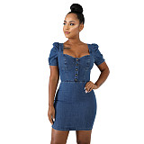 2021 Summer Casual Square Collar Women Elegant Short Puff Sleeve Bodycon Denim Mini Dress LX-6899