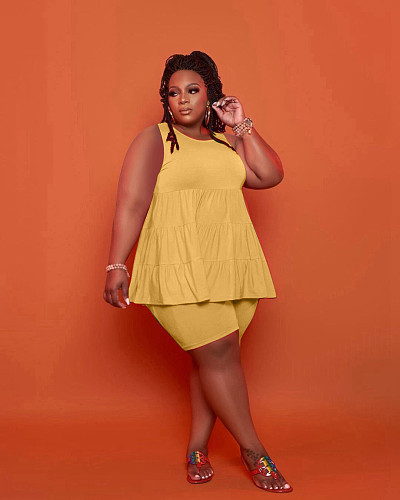 Plus Size Summer Solid Color Pleated Ruffles Sleeveless Blouse Shirts Shorts Women 2 Piece Tracksuit LP-6291
