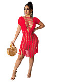 Summer Sexy Solid Color Weaving Perspective Hollow Out Tassel Short Sleeve Beach Mini Dress OSM-4330