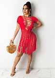 Summer Sexy Solid Color Weaving Perspective Hollow Out Tassel Short Sleeve Beach Mini Dress OSM-4330