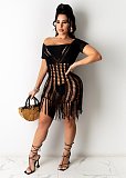 Summer Sexy Solid Color Weaving Perspective Hollow Out Tassel Short Sleeve Beach Mini Dress OSM-4330