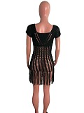 Summer Sexy Solid Color Weaving Perspective Hollow Out Tassel Short Sleeve Beach Mini Dress OSM-4330