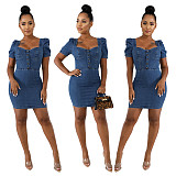 2021 Summer Casual Square Collar Women Elegant Short Puff Sleeve Bodycon Denim Mini Dress LX-6899