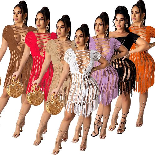 Summer Sexy Solid Color Weaving Perspective Hollow Out Tassel Short Sleeve Beach Mini Dress OSM-4330