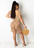 Summer Sexy Solid Color Weaving Perspective Hollow Out Tassel Short Sleeve Beach Mini Dress OSM-4330