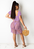 Summer Sexy Solid Color Weaving Perspective Hollow Out Tassel Short Sleeve Beach Mini Dress OSM-4330