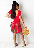 Summer Sexy Solid Color Weaving Perspective Hollow Out Tassel Short Sleeve Beach Mini Dress OSM-4330