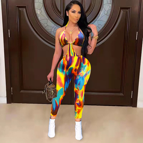 Hot Sales Women Summer Sexy Tie Dye Hollow Out Sleeveless Halter Bodycon Streetwear Jumpsuit QZX-6209