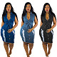 Casual High Street Women Summer Sleeveless Ripped Hole Straight Knee Length Denim Midi Dress MOF-5055