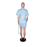 Summer Solid Color Turn Down Collar Polo Shirt Short Sleeve Drawstring Loose Fit Sports Wear Midi Dress MK-3058