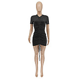 Women Sexy Short Sleeve Round Neck Solid Color Ruched Drawstring Bodycon Club Party Mini Dress WSY-5876