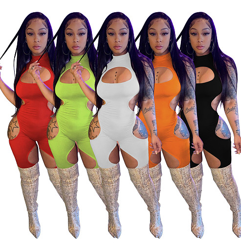Summer Fashion Solid Color Hollow Out Sleeveless O-Neck Mid Waist Bodycon Women Rompers YB-6082