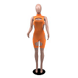 Summer Fashion Solid Color Hollow Out Sleeveless O-Neck Mid Waist Bodycon Women Rompers YB-6082