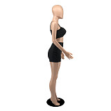 Sexy Summer Women Solid Color Pleated Spaghetti Strap Crop Tops Slim Shorts Skinny Two Pieces Sets YB-6079