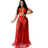 Plus Size Solid Color Sexy Mesh Sheer Pleat Maxi Skirts Cover Up Bikini Beach Swimwear 3 Piece Set SFY-132