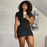 Women Sexy Short Sleeve Round Neck Solid Color Ruched Drawstring Bodycon Club Party Mini Dress WSY-5876