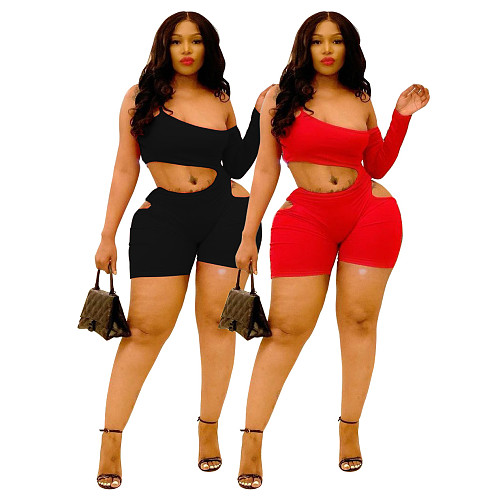 Casual Solid Color Women One Shoulder Long Sleeve Hollow Out Summer Bodycon Partywear Rompers YB-6078