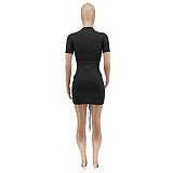 Women Sexy Short Sleeve Round Neck Solid Color Ruched Drawstring Bodycon Club Party Mini Dress WSY-5876