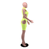 Summer Fashion Solid Color Hollow Out Sleeveless O-Neck Mid Waist Bodycon Women Rompers YB-6082