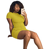 Women Sexy Short Sleeve Round Neck Solid Color Ruched Drawstring Bodycon Club Party Mini Dress WSY-5876
