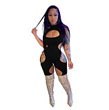 Summer Fashion Solid Color Hollow Out Sleeveless O-Neck Mid Waist Bodycon Women Rompers YB-6082