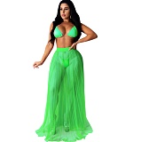 Plus Size Solid Color Sexy Mesh Sheer Pleat Maxi Skirts Cover Up Bikini Beach Swimwear 3 Piece Set SFY-132