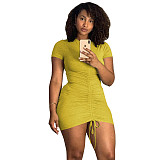 Women Sexy Short Sleeve Round Neck Solid Color Ruched Drawstring Bodycon Club Party Mini Dress WSY-5876