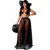 Plus Size Solid Color Sexy Mesh Sheer Pleat Maxi Skirts Cover Up Bikini Beach Swimwear 3 Piece Set SFY-132