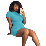 Women Sexy Short Sleeve Round Neck Solid Color Ruched Drawstring Bodycon Club Party Mini Dress WSY-5876